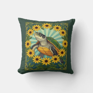 Terrapin And Black Eyed Susan Flowers Art Nouveau Cushion