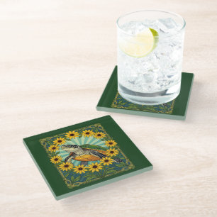 Terrapin And Black Eyed Susan Flowers Art Nouveau Glass Coaster