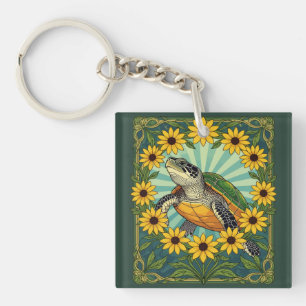 Terrapin And Black Eyed Susan Flowers Art Nouveau Key Ring