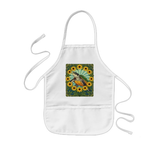 Terrapin And Black Eyed Susan Flowers Art Nouveau  Kids Apron (Front)