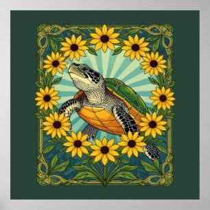 Terrapin And Black Eyed Susan Flowers Art Nouveau Poster