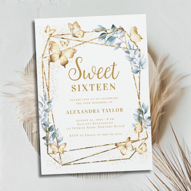 Terrarium Geometric Frame Gold Butterfly Sweet 16 Invitation (terrarium geometric frame border butterflies gold boho chic modern contemporary sweet 16 invitation)