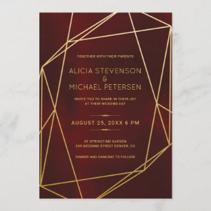 Terrarium gold geometric frame burgundy wedding invitation