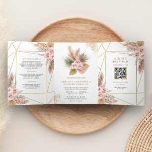 Terrarium Pampas Dusty Pink Roses QR Code Wedding Tri-Fold Invitation
