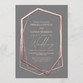 Terrarium Rose Gold Geo Linear Border Grey Wedding Invitation
