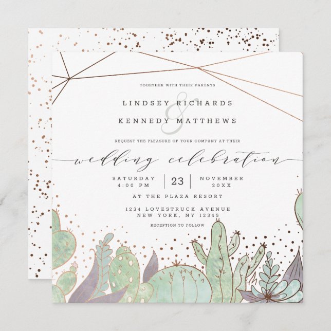 Terrarium Succulents Geometric Wedding Square Invitation (Front/Back)