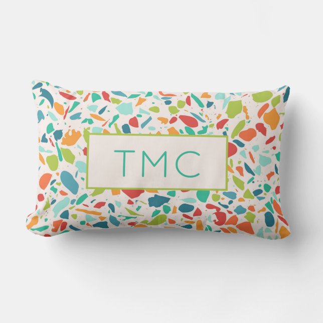 Terrazzo Architectural Monogram Initials Colourful Lumbar Cushion (Front)