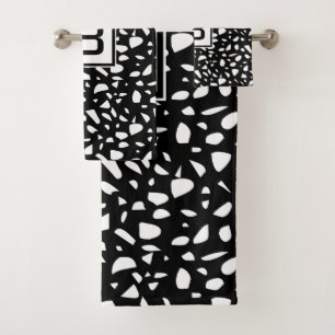 Terrazzo black white pattern monogram initial bath towel set