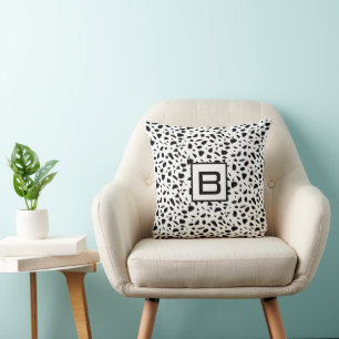 Terrazzo black white pattern monogram initial cushion