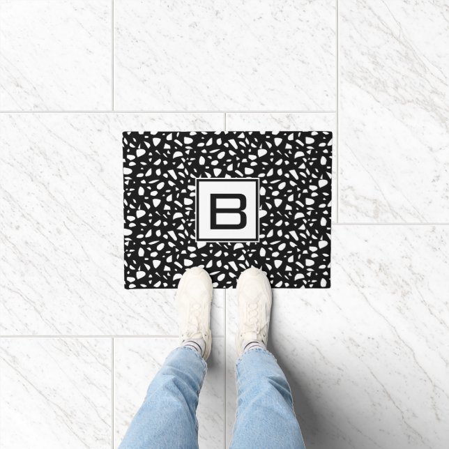 Terrazzo black white pattern monogram initial doormat (Indoor)