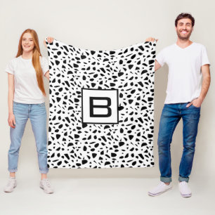 Terrazzo black white pattern monogram initial fleece blanket