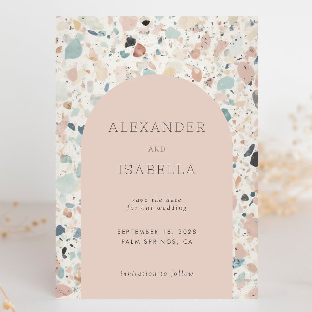 Terrazzo Blush Apricot Pastel Retro Arch Wedding Save The Date (Creator Uploaded)