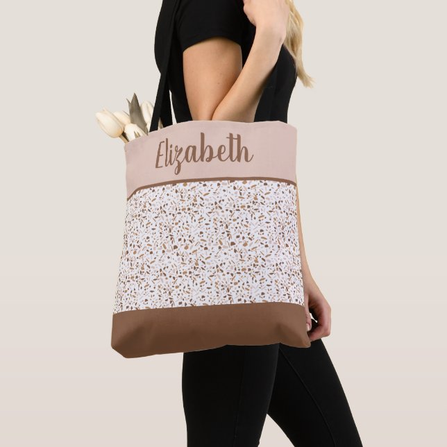 Terrazzo Brown and Beige and White Abstract  Tote Bag (Close Up)