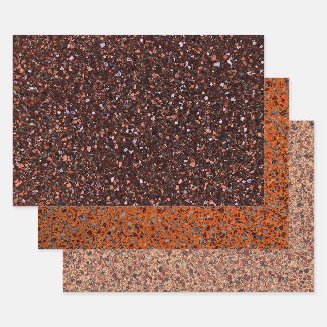Terrazzo Elegant Brown Black Tan Brown Retro Wrapping Paper Sheet (Set)