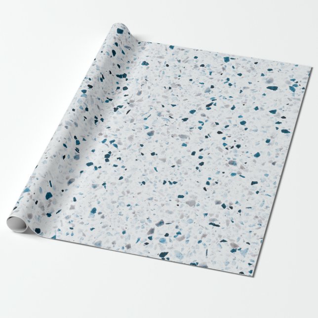 Terrazzo Elegant Teal Blue Green White Grey Retro Wrapping Paper (Unrolled)