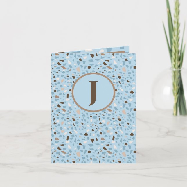 Terrazzo Monogram Blue Tan Brown Everyday Greeting Card (Front)