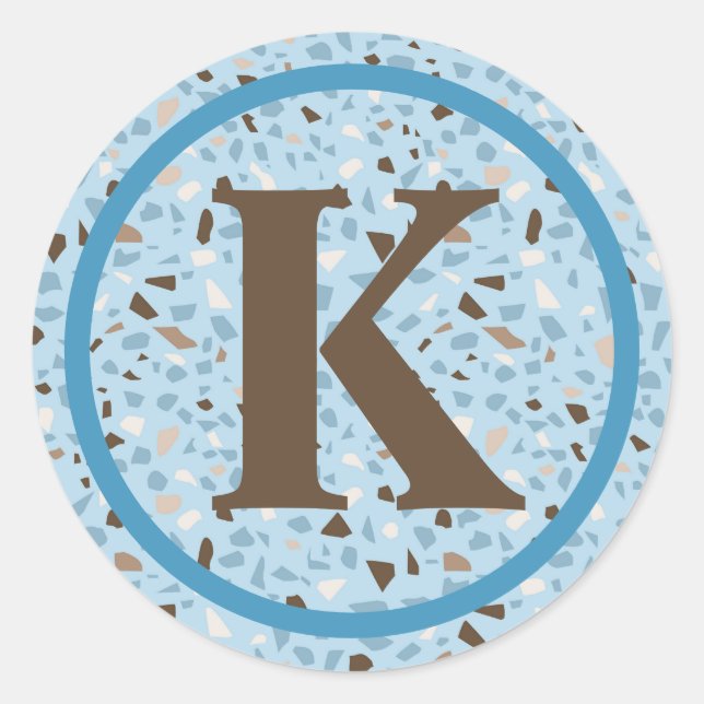 Terrazzo Monogram Blue Tan Brown Modern Classic Round Sticker (Front)