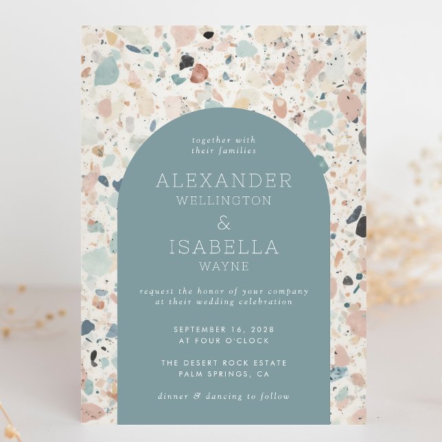 Terrazzo Pastel Turquoise Retro Arch Wedding Invitation (Creator Uploaded)