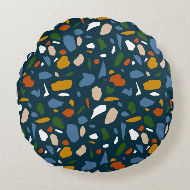 Terrazzo Pattern Blue Round Cushion (Front)