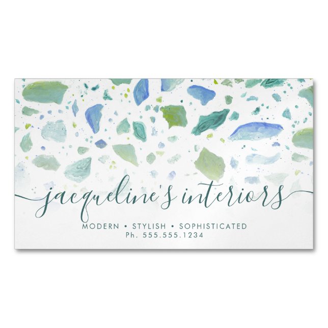 Terrazzo Pattern Modern Script Aqua Blue Green Magnetic Business Card (Front)