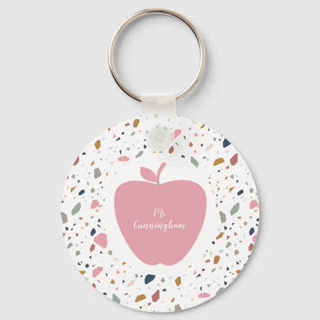 Terrazzo Pattern Pink Apple Teacher Key Ring (Front)