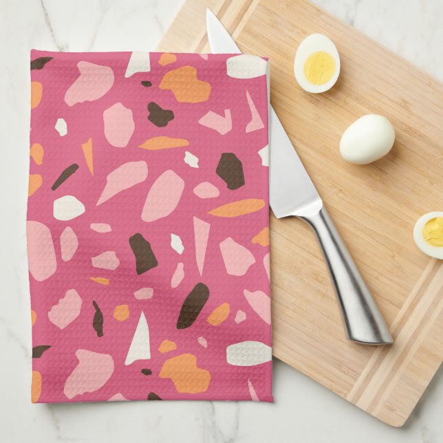 Terrazzo Pattern Pink Tea Towel (Quarter Fold)