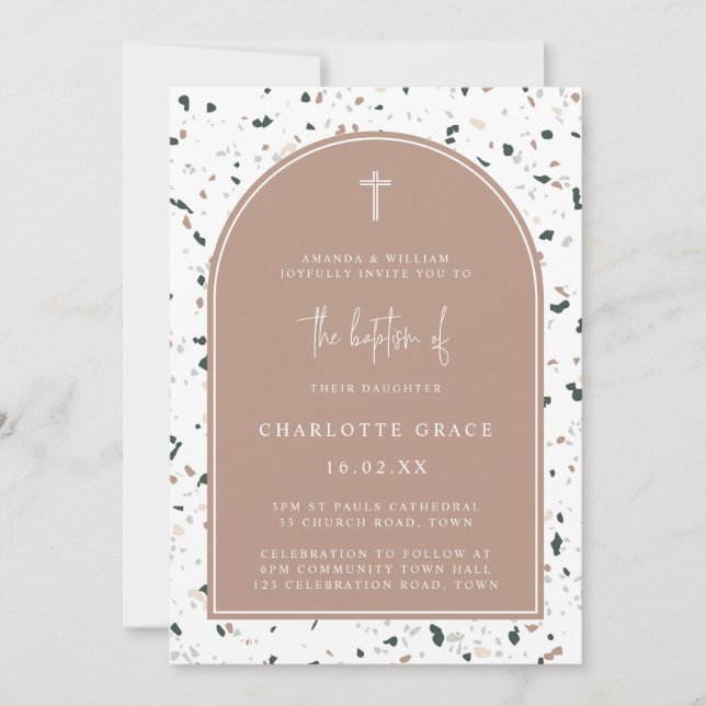 Terrazzo Pink Green Modern Arch Minimalist Baptism Invitation (Front)