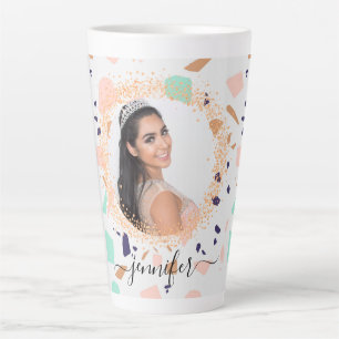 Terrazzo rose gold mint white photo name script latte mug