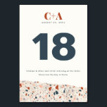 Terrazzo Slab Wedding Double Sided Table Number<br><div class="desc">An on-trend terrazzo stone detail and mid-century inspired typography give this wedding table number a warm and modern vibe in a desert inspired colour palette of rust,  blush and slate blue all topped off with a modern monogram.</div>