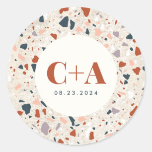 Terrazzo Slab Wedding Monogram and Date Classic Round Sticker