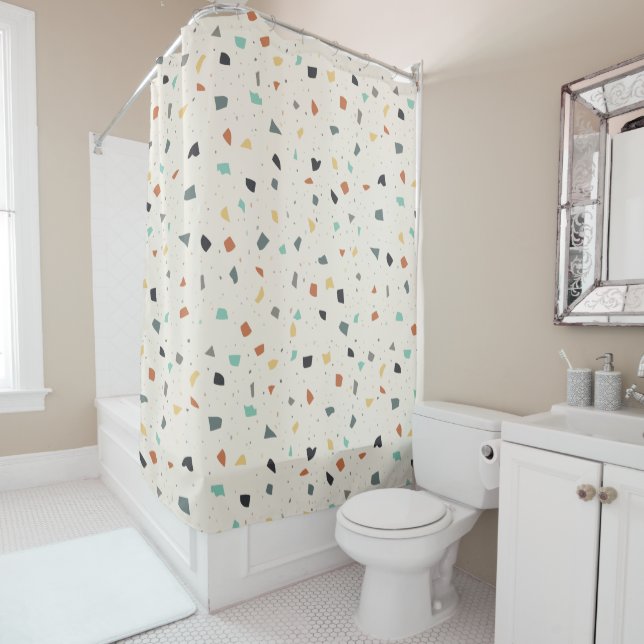 Terrazzo Tile Confetti Modern Style Earth Tones Shower Curtain (In Situ)
