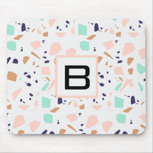 Terrazzo white blush mint monogram initial mouse pad