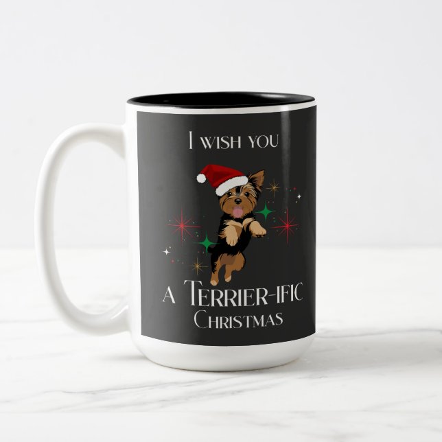Terrier-ific Christmas Cute Dog Holiday Pun Two-Tone Coffee Mug (Left)