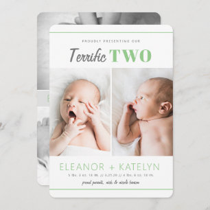 Terrific 2 Twins Birth Announcement Green