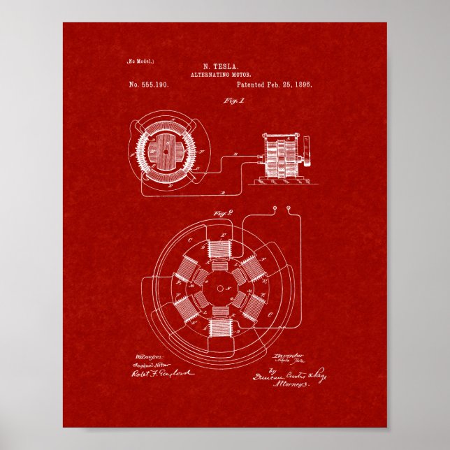 Tesla Alternating Motor Patent - Burgundy Red Poster (Front)