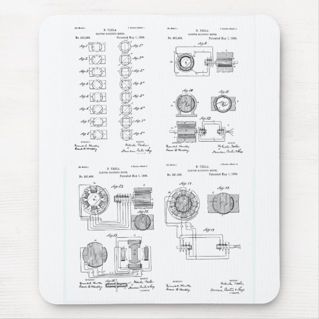 Tesla Elecro-Magnet Motor Patent US381968 p 1-4 Mouse Pad (Front)