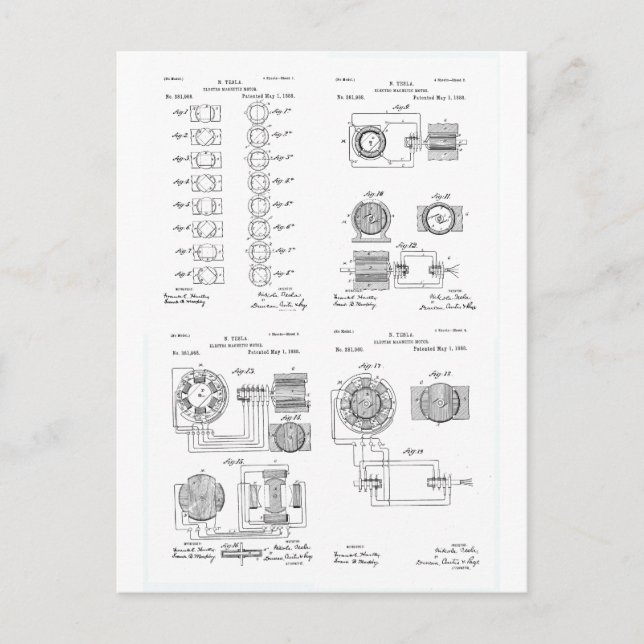 Tesla Elecro-Magnet Motor Patent US381968 p 1-4 Postcard (Front)