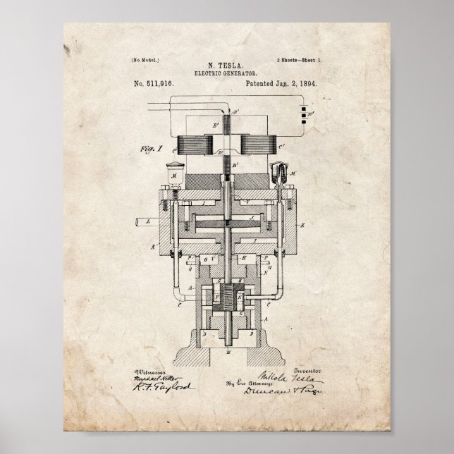 Tesla Electric Generator Patent - Old Look Poster (Front)