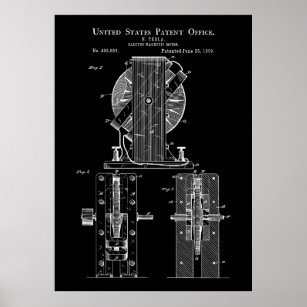 Tesla Electro Magnetic Motor 1890 Patent Poster