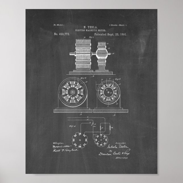 Tesla Electro Magnetic Motor Patent - Chalkboard Poster (Front)