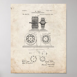 Tesla Electro Magnetic Motor Patent - Old Look Poster