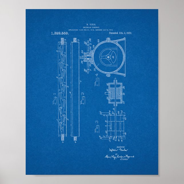 Tesla Valvular Conduit Patent - Blueprint Poster (Front)
