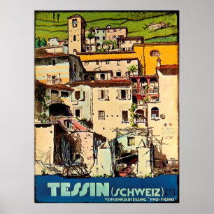 Tessin houses in fron of the city port,Switzerland Poster