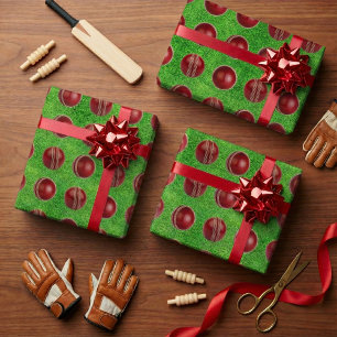 Test Match Red Cricket Ball on Grass Wrapping Paper