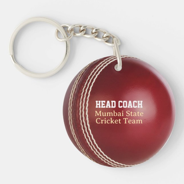 Test Match Red Cricket Ball with Custom Text Key Ring (Front)