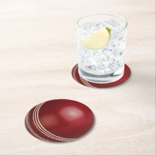 Test Match Red Cricket Ball with Custom Text Round Paper Coaster