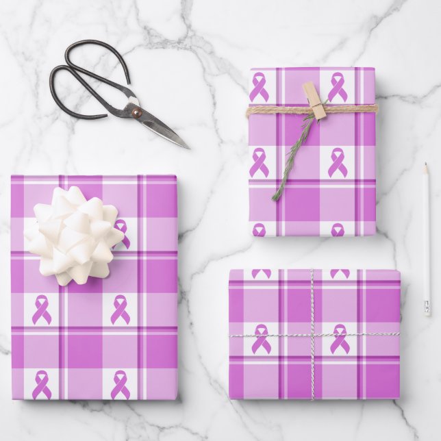 Testicular Cancer Awareness Plaid Purple Ribbon Wrapping Paper Sheet (Front)