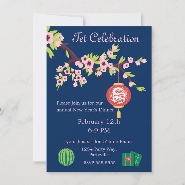 Tet New Year Dragon Hoa Dao Blossoms Invitation (Front)