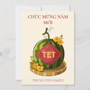 Tet Watermelon with Ochna Flowers Lunar New Year Holiday Card