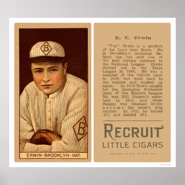 Tex Erwin Dodgers Baseball 1912 Poster (Front)